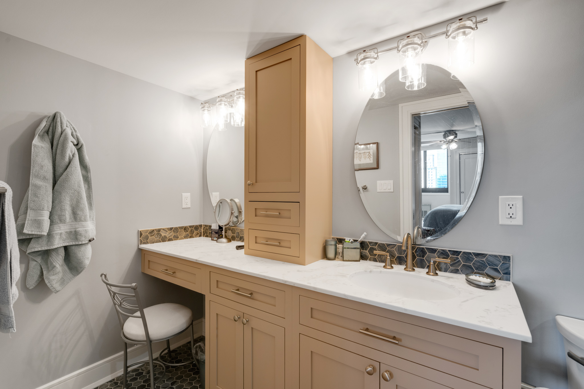 Bathroom. Update cabinet hardware. Double mirrors. Double vanity. 