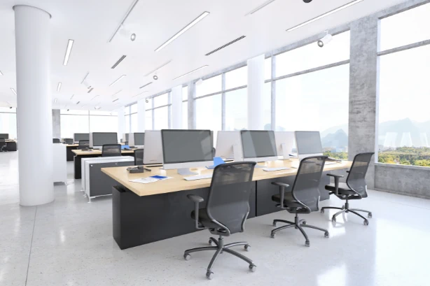 Collaborative group workspace. Intregrated computers. Floor-to-ceiling windows.  
