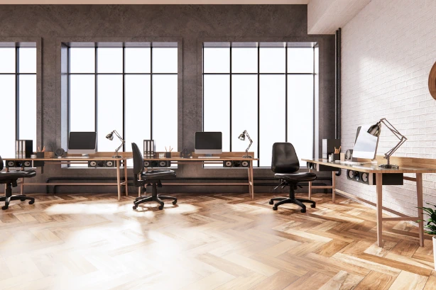 Collaborative work environment. Industrial style. Natural light. 