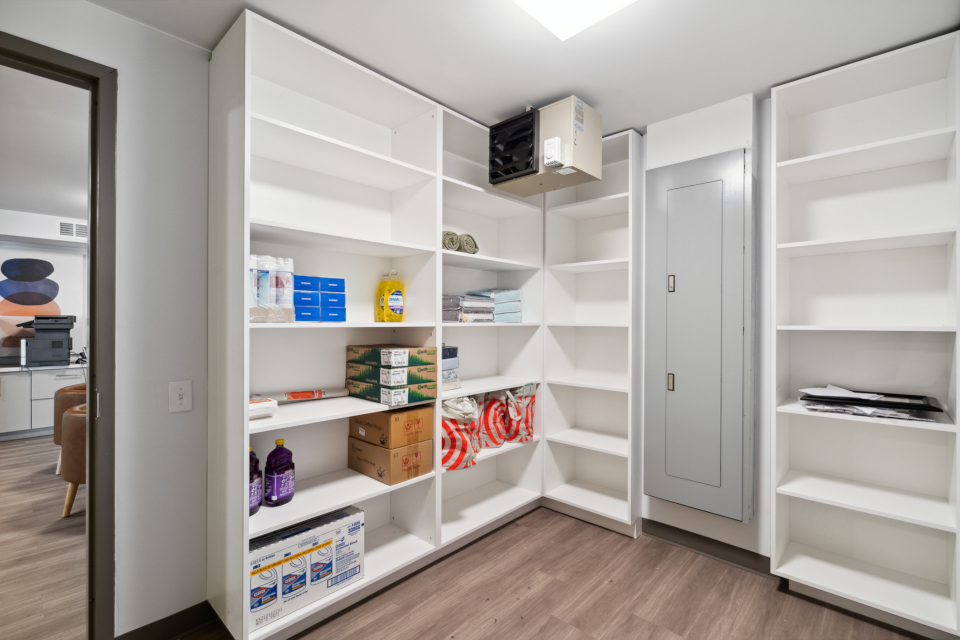 Floor-to-ceiling open concept shelving. 