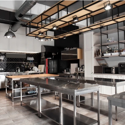 Industrial commercial kitchen ample storage, commercial refrigerators, for efficient operations.