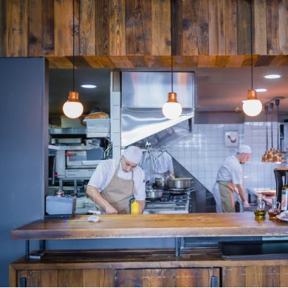 Spacious, health regulation complaint commercial kitchen.